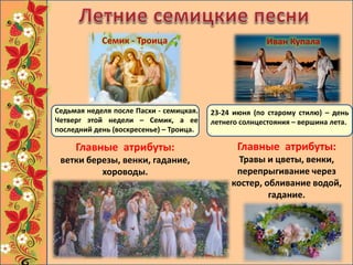 Главные атрибуты:
ветки березы, венки, гадание,
хороводы.
Семик - Троица Иван Купала
Главные атрибуты:
Травы и цветы, венки,
перепрыгивание через
костер, обливание водой,
гадание.
23-24 июня (по старому стилю) – день
летнего солнцестояния – вершина лета.
Седьмая неделя после Пасхи - семицкая.
Четверг этой недели – Семик, а ее
последний день (воскресенье) – Троица.
 