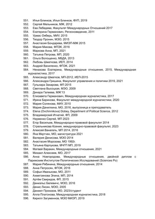 551. Илья Блинков, Илья Блинков, ФУП, 2019
552. Сергей Мельников, МЖ, 2012
553. Ева Лебедева, Факультет Международных Отношений 2017
554. Екатерина Германович, Регионоведение, 2011
555. Урмас Ояберь, МИУ, 2015
556. Теодор Пронин, МЭО, 2015
557. Анастасия Бондарева, МИЭП-МЖ 2015
558. Мария Микова, ФПЭК, 2016
559. Маркова Анна, МП, 2021
560. Татьяна Петрова, МП, 2020
561. Ольга Волощенко, МБДА, 2013
562. Любовь Шматкова, ИЕП, 2014
563. Андрей Василенко, ФПЭК, 2021
564. Ненахова Екатерина, Международные отношения, 2015, Международная
журналистика, 2017
565. Александр Шматков, МП-2012, ИЕП-2015
566. Александра Гришина, Факультет управления и политики 2019, 2021
567. Гульнара Захарова, ФП 2015
568. Светлана Высоцкая, МЭО, 2009
569. Динара Галеева, МЖ’13
570. Елизавета Германович, Международная журналистика, 2017
571. Ирина Баринова, Факультет международной журналистики, 2020
572. Мария Солянова, МИУ, 2010
573. Мария Данилкина, МО, 2016, выпускница и преподаватель
574. Elena (Ovchinnikova) Dobey, Department of Political Science, 2012
575. Владимирский Игнатий, ФП, 2009
576. Науменко Сергей, МП 2023
577. Егор Васильев, Международно-правовой факультет 2014
578. Стрельникова Ксения, международно-правовой факультет, 2023
579. Алексей Ванагель, МП 2014, 2016
580. Яна Мкртчян, МО, магистратура 2021
581. Валерия Денисова, МЭО 2014
582. Анастасия Морозова, МО 1992г.
583. Татьяна Карпукова, МЧГП МП, 2019
584. Матвей Варакин, Международные отношения, 2021
585. Михаил Алексеев, МО, 2017
586. Анна Новгородова, Международные отношения, двойной диплом с
Парижским Институтом Политических Исследований (Sciences Po)
587. Мария Рябинина, Международные отношения, 2014
588. Анна Петросян, ФПЭК, 2016
589. Софья Иванькова, МО, 2011
590. Ахметзянова Элина, МП, 2014
591. Артём Свиридов, ФП, 2015
592. Даниэльс Белевичс, МЭО, 2016
593. Денис Лисин, МЭО, 2005
594. Даниил Проказов, МО, 2023/студент
595. Алла Платонова, Международная журналистика, 2018
596. Кирилл Загуменнов, МЭО МИЭП, 2019
 