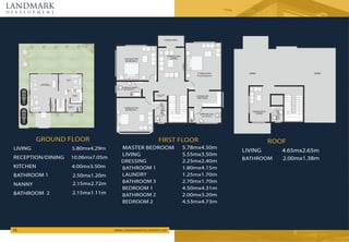 LANDMARK
d e v e l o p m e n t
WWW.LANDMARKDEVELOPMENTS.NET
16
10.06mx7.05m
RECEPTION/DINING
2.50mx1.20m
BATHROOM 1
BATHROOM 2 2.15mx1.11m
KITCHEN 4.00mx3.50m
LIVING
GROUND FLOOR
5.80mx4.29m
2.15mx2.72m
NANNY
5.55mx3.50m
LIVING
2.70mx1.70m
BATHROOM 3
1.25mx1.70m
LAUNDRY
1.80mx4.15m
BATHROOM 1
2.00mx3.20m
BATHROOM 2
5.78mx4.50m
MASTER BEDROOM
4.53mx4.73m
BEDROOM 2
2.25mx2.40m
DRESSING
4.50mx4.31m
BEDROOM 1
FIRST FLOOR
4.65mx2.65m
LIVING
2.00mx1.38m
BATHROOM
ROOF
 