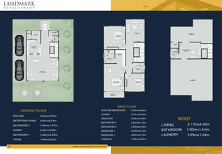 LANDMARK
d e v e l o p m e n t
WWW.LANDMARKDEVELOPMENTS.NET
27
4.02mx3.70m
1.40mx2.45m
STORE
2.22mx2.38m
6.45mx8.19m
1.43mx1.41m
RECEPTION/LIVING
BATHROOM 2
1.20mx2.22m
BATHROOM 1
KITCHEN
GROUND FLOOR
NANNY
5.45mx4.00m
DRESSING 3.00mx2.00m
2.62mx2.10m
2.00mx2.40m
4.50mx4.22m
4.13mx3.85m
3.60mx4.10m
1.08mx4.86m
TERRACE
LIVING
BATHROOM 2
BATHROOM 1
MASTER BEDROOM
BEDROOM 1
BEDROOM 2
FIRST FLOOR
1.90mx1.54m
LAUNDRY 1.09mx1.54m
3.11mx4.20m
LIVING
BATHROOM
ROOF
 