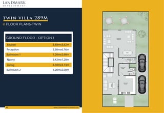 FLOOR PLANS-TWIN
twin villa 289M
LANDMARK
d e v e l o p m e n t
WWW.LANDMARKDEVELOPMENTS.NET
48
GROUND FLOOR - OPTION 1
kitchen
Reception
3.68mx3.62m
5.50mx6.76m
Bathroom 1 1.20mx2.60m
Living 4.50mx3.14m
Bathroom 2 1.20mx2.00m
Nanny 3.42mx1.20m
 