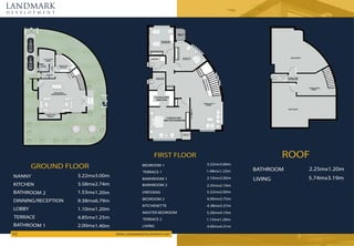 LANDMARK
d e v e l o p m e n t
5.74mx3.19m
LIVING
2.25mx1.20m
BATHROOM
3.22mx2.00m
DRESSING
5.26mx4.10m
MASTER BEDROOM
1.13mx1.20m
TERRACE 2
1.48mx1.23m
TERRACE 1
4.00mx4.31m
LIVING
4.38mx3.37m
KITCHENETTE
2.25mx2.10m
BARHROOM 2
2.10mx2.00m
BARHROOM 1
4.00mx3.75m
BEDROOM 2
3.22mx3.60m
BEDROOM 1
3.22mx3.00m
NANNY
3.58mx2.74m
KITCHEN
9.38mx6.79m
DINNING/RECEPTION
4.85mx1.25m
TERRACE
1.10mx1.20m
LOBBY
2.00mx1.40m
BATHROOM 1
1.53mx1.20m
BATHROOM 2
GROUND FLOOR
FIRST FLOOR ROOF
WWW.LANDMARKDEVELOPMENTS.NET

 