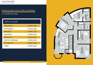 FLOOR PLANS
stand alone villa type h corner
LANDMARK
d e v e l o p m e n t
WWW.LANDMARKDEVELOPMENTS.NET

FIRST FLOOR
3.19MX3.33M
DRESSING
BATHROOM 1
2.03MX3.00M
3.19MX1.70M
BATHROOM 2
3.50MX3.00M
BEDROOM 1
3.47MX3.60M
BEDROOM 2
3.52MX3.65M
LIVING
2.23MX1.84M
KITCHENETTE
2.79MX3.48M
MASTER BEDROOM
 