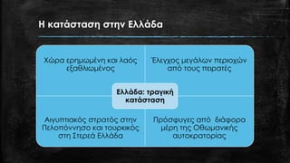 Η κατάσταση στην Ελλάδα
Χώρα ερημωμένη και λαός
εξαθλιωμένος
Έλεγχος μεγάλων περιοχών
από τους πειρατές
Αιγυπτιακός στρατός στην
Πελοπόννησο και τουρκικός
στη Στερεά Ελλάδα
Πρόσφυγες από διάφορα
μέρη της Οθωμανικής
αυτοκρατορίας
Ελλάδα: τραγική
κατάσταση
 