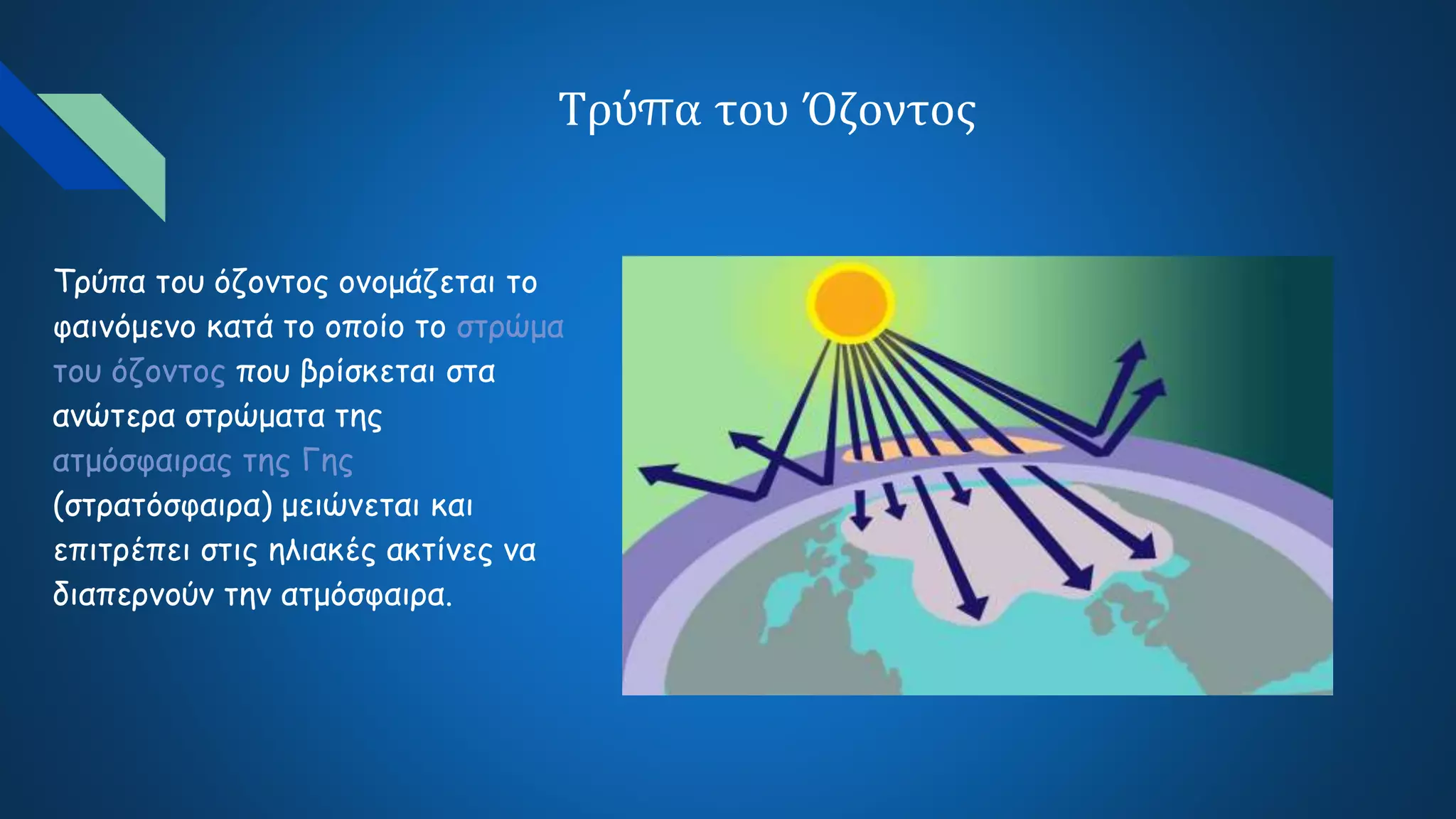 Τρύπα του Όζοντος
Τρύπα του όζοντος ονομάζεται το
φαινόμενο κατά το οποίο το στρώμα
του όζοντος που βρίσκεται στα
ανώτερα στρώματα της
ατμόσφαιρας της Γης
(στρατόσφαιρα) μειώνεται και
επιτρέπει στις ηλιακές ακτίνες να
διαπερνούν την ατμόσφαιρα.
 