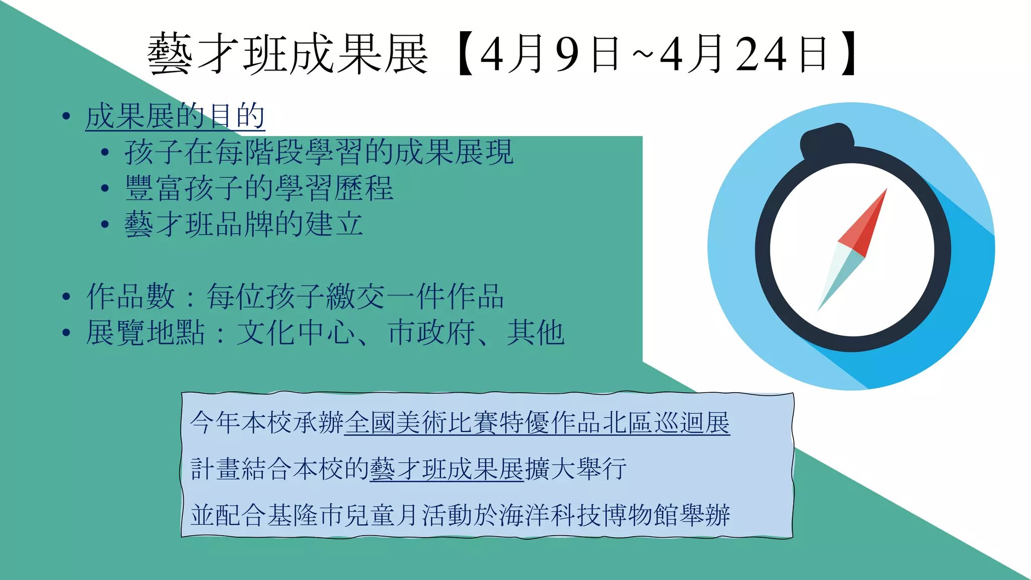 藝才班成果展【4月9日~4月24日】
• 成果展的目的
• 孩子在每階段學習的成果展現
• 豐富孩子的學習歷程
• 藝才班品牌的建立
• 作品數：每位孩子繳交一件作品
• 展覽地點：文化中心、市政府、其他
今年本校承辦全國美術比賽特優作品北區巡迴展
計畫結合本校的藝才班成果展擴大舉行
並配合基隆市兒童月活動於海洋科技博物館舉辦
 