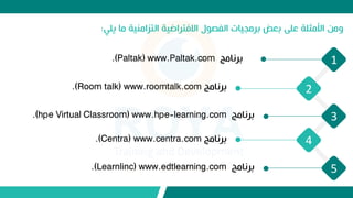 ‫يلي‬ ‫ما‬ ‫التزامنية‬ ‫االاتراضية‬ ‫الفص‬ ‫برمجيات‬ ‫بعض‬ ‫علط‬ ‫األمثلة‬ ‫ومن‬
:
5
4
3
1
2
‫برنامج‬
.(Paltak) www.Paltak.com
‫برنامج‬
.(Room talk) www.roomtalk.com
‫برنامج‬
.(hpe Virtual Classroom) www.hpe-learning.com
‫برنامج‬
.(Centra) www.centra.com
‫برنامج‬
.(Learnlinc) www.edtlearning.com
 