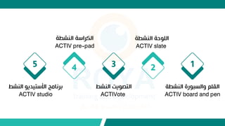 ‫النشط‬ ‫رة‬ ‫والسب‬ ‫القلم‬
‫ة‬
ACTIV board and pen
‫النشطة‬ ‫حة‬ ‫الل‬
ACTIV slate
1
2
‫النشط‬ ‫يت‬ ‫التص‬
ACTIVote
‫النشطة‬ ‫الكراسة‬
ACTIV pre-pad
3
4
‫برنامج‬
‫األستيدي‬
‫النشط‬
ACTIV studio
5
 
