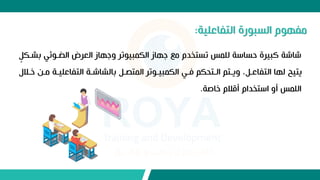 ‫ب‬ ‫ئي‬ ‫الضو‬ ‫العرض‬ ‫وجهاز‬ ‫تر‬ ‫الكمبي‬ ‫جهاز‬ ‫مع‬ ‫تستخدم‬ ‫للمس‬ ‫حساسة‬ ‫كبيرة‬ ‫شاشة‬
ٍ‫شوك‬
‫مو‬ ‫التفاعليوة‬ ‫بالشاشوة‬ ٍ‫المتصو‬ ‫تر‬ ‫الكمبيو‬ ‫اوي‬ ‫الوتحكم‬ ‫ويوتم‬ ،ٍ‫التفاعو‬ ‫لها‬ ‫يتي‬
‫خول‬ ‫ن‬
‫خاصة‬ ‫أقلم‬ ‫استخدام‬ ‫أو‬ ‫اللمس‬
.
‫التفاعلية‬ ‫رة‬ ‫السب‬ ‫م‬ ‫مفه‬
:
 