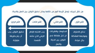‫وال‬ ‫العمل‬ ‫بين‬ ‫التوازن‬ ‫تحقيق‬ ‫يمكن‬ ‫خاللها‬ ‫من‬ ‫أمور‬ ‫ألربعة‬ ‫توصل‬ ،‫تجربته‬ ‫خالل‬ ‫من‬
‫حياة‬
.
‫األول‬ ‫األمر‬
:
‫لالعتراف‬ ‫نحتاج‬
‫المشكلة‬ ‫ومواجهة‬
‫صراحة‬ ‫بكل‬
.
‫الثاني‬ ‫األمر‬
:
‫والشركات‬ ‫الحكومات‬
‫عدم‬ ‫مشكلة‬ ‫تحل‬ ‫لن‬
‫الحياة‬ ‫بين‬ ‫التوازن‬
‫والعمل‬
.
‫الثالث‬ ‫األمر‬
:
‫لإلطا‬ ‫االنتباه‬ ‫يجب‬
‫ر‬
‫نضعه‬ ‫الذي‬ ‫الزمني‬
‫ألنفسنا‬
.
‫الرابع‬ ‫األمر‬
:
‫يجب‬ ‫التوازن‬ ‫تحقيق‬
‫بطريقة‬ ‫يتم‬ ‫أن‬
‫متوازنة‬
.
 