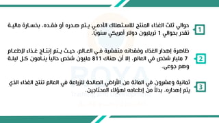 ‫ماليت‬ ‫تارة‬ ‫ص‬ ،‫فقتده‬ ‫أو‬ ‫هتدره‬ ‫يتتم‬ ‫اددمتي‬ ‫لكستتهك‬ ‫المنتج‬ ‫الغذا‬ ‫ثلث‬ ‫حوالي‬
‫ة‬
‫حوالي‬ ‫تقدر‬
1
‫ا‬‫ط‬
‫ي‬‫سنو‬ ‫ي‬ ‫أمري‬ ‫دوالر‬ ‫تريليون‬
. 1
‫إلطعتام‬ ‫غتذا‬ ‫إاتتاء‬ ‫يتتم‬ ‫حيتث‬ ،‫العتالم‬ ‫فتي‬ ‫ية‬ ‫متف‬ ‫وفقدااه‬ ‫الغذا‬ ‫إهدار‬ ‫ظاهرة‬
7
‫هنا‬ ‫أن‬ ‫إال‬ ،‫العالم‬ ‫في‬ ‫شصص‬ ‫مليار‬
811
‫ليلتة‬ ‫كت‬ ‫ينتامون‬ ‫ط‬‫ا‬‫حالي‬ ‫شصص‬ ‫مليون‬
‫اوعى‬ ‫وهم‬
.
2
‫الغ‬ ‫تنتج‬ ‫العالم‬ ‫في‬ ‫للزراعة‬ ‫الصالحة‬ ‫األراضي‬ ‫من‬ ‫المائة‬ ‫في‬ ‫رون‬ ‫وع‬ ‫ثمااية‬
‫الذل‬ ‫ذا‬
‫المحتااين‬ ‫لهؤال‬ ‫إطعامه‬ ‫من‬ ‫ط‬
‫ال‬‫د‬ ،‫إهداره‬ ‫يتم‬
. 3
 
