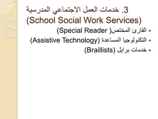 3
.
‫المدرسية‬ ‫االجتماعي‬ ‫العمل‬ ‫خدمات‬
(School Social Work Services)

‫المختص‬ ‫القارئ‬
(
Special Reader
)

‫المساعدة‬ ‫التكنولوجيا‬
(
(Assistive Technology

‫خدمات‬
‫برايل‬
(
Braillists
)
 