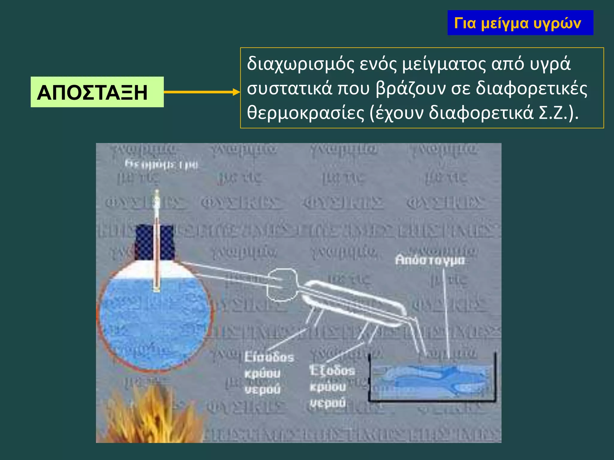 ΑΠΟΣΤΑΞΗ
διαχωρισμός ενός μείγματος από υγρά
συστατικά που βράζουν σε διαφορετικές
θερμοκρασίες (έχουν διαφορετικά Σ.Ζ.).
Για μείγμα υγρών
 