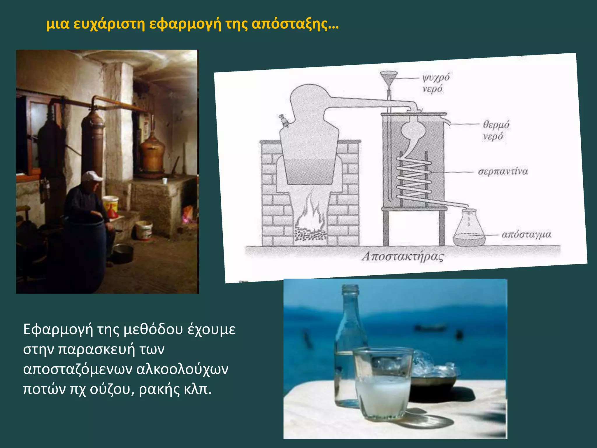 μια ευχάριστη εφαρμογή της απόσταξης…
Εφαρμογή της μεθόδου έχουμε
στην παρασκευή των
αποσταζόμενων αλκοολούχων
ποτών πχ ούζου, ρακής κλπ.
 