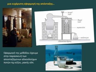μια ευχάριστη εφαρμογή της απόσταξης…
Εφαρμογή της μεθόδου έχουμε
στην παρασκευή των
αποσταζόμενων αλκοολούχων
ποτών πχ ούζου, ρακής κλπ.
 