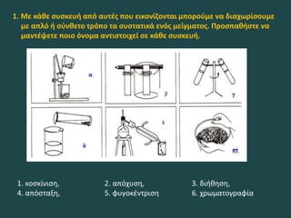 1. Με κάθε συσκευή από αυτές που εικονίζονται μπορούμε να διαχωρίσουμε
με απλό ή σύνθετο τρόπο τα συστατικά ενός μείγματος. Προσπαθήστε να
μαντέψετε ποιο όνομα αντιστοιχεί σε κάθε συσκευή.
1. κοσκίνιση, 2. απόχυση, 3. διήθηση,
4. απόσταξη, 5. φυγοκέντριση 6. χρωματογραφία
 