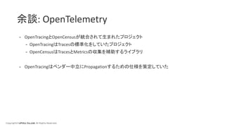 Copyright© LIFULL Co.,Ltd. All Rights Reserved.
余談: OpenTelemetry
- OpenTracingとOpenCensusが統合されて生まれたプロジェクト
- OpenTracingはTracesの標準化をしていたプロジェクト
- OpenCensusはTracesとMetricsの収集を補助するライブラリ
- OpenTracingはベンダー中立にPropagationするための仕様を策定していた
 