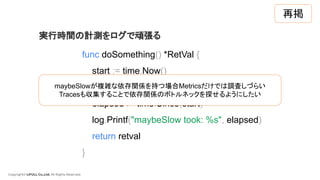 Copyright© LIFULL Co.,Ltd. All Rights Reserved.
func doSomething() *RetVal {
start := time.Now()
retval := maybeSlow()
elapsed := time.Since(start)
log.Printf("maybeSlow took: %s", elapsed)
return retval
}
実行時間の計測をログで頑張る
maybeSlowが複雑な依存関係を持つ場合Metricsだけでは調査しづらい
Tracesも収集することで依存関係のボトルネックを探せるようにしたい
再掲
 