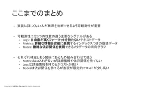 Copyright© LIFULL Co.,Ltd. All Rights Reserved.
ここまでのまとめ
- 実装に詳しくない人が状況を判断できるよう可観測性が重要
- 可観測性には3つの性質の違う主要なシグナルがある
- Logs: 自由度が高くフォーマットを持たないテキストデータ
- Metrics: 詳細な情報を安価に表現するインデックスつきの数値データ
- Traces: 複雑な依存関係を表現できるメタデータの有向グラフ
- それぞれ補完しあう関係にあるため組み合わせて使う
- Metricsはコストが安いが詳細情報や依存関係を持てない
- Logsは詳細情報を持てるがコストが高い
- Tracesは依存関係を持てるが表現が限定的でコストが少し高い
 
