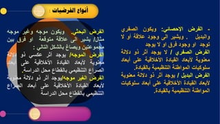 -
‫الفرض‬
‫اإلحصائي‬
:
‫ويكون‬
‫الصفري‬
‫والبديل‬
.
‫ويشير‬
‫الى‬
‫وجود‬
‫عالقة‬
‫أ‬
‫و‬
‫ال‬
‫توجد‬
‫او‬
‫وجود‬
‫فرق‬
‫او‬
‫ال‬
‫يوجد‬
‫الفرض‬
‫الصفري‬
/
‫ال‬
‫يوجد‬
‫أثر‬
‫ذو‬
‫داللة‬
‫معنوية‬
‫ألبعاد‬
‫القيادة‬
‫األخالقية‬
‫على‬
‫أب‬
‫عاد‬
‫سلوكيات‬
‫المواطنة‬
‫التنظيمية‬
‫بالقيادة‬
.
‫الفرض‬
‫البديل‬
/
‫يوجد‬
‫أثر‬
‫ذو‬
‫داللة‬
‫معنو‬
‫ية‬
‫ألبعاد‬
‫القيادة‬
‫األخالقية‬
‫على‬
‫أبعاد‬
‫سلو‬
‫كيات‬
‫المواطنة‬
‫التنظيمية‬
‫بالقيادة‬
.
.
‫الفرضيات‬ ‫أنواع‬
:
‫الفرض‬
‫البحثي‬
.
‫ويكون‬
‫موجه‬
‫وغير‬
‫موجه‬
‫مثال‬
/
‫يشير‬
‫الى‬
‫عالقة‬
‫متوقعة‬
‫او‬
‫فرق‬
‫بين‬
‫مجموعتين‬
‫ويصاغ‬
‫بالشكل‬
‫التالي‬
:
‫الفرض‬
‫الموجه‬
/
‫يوجد‬
‫أثر‬
‫عكسي‬
‫ذو‬
‫داللة‬
‫معنوية‬
‫ألبعاد‬
‫القيادة‬
‫األخالقية‬
‫على‬
‫أبعاد‬
‫الصراع‬
‫التنظيمي‬
‫بالقطاع‬
‫محل‬
‫الدراسة‬
.
‫الفرض‬
‫الغير‬
‫موجه‬
/
‫يوجد‬
‫أثر‬
‫ذو‬
‫داللة‬
‫معنوي‬
‫ة‬
‫ألبعاد‬
‫القيادة‬
‫األخالقية‬
‫على‬
‫أبعاد‬
‫الصراع‬
‫التنظيمي‬
‫بالقطاع‬
‫محل‬
‫الدراسة‬
 