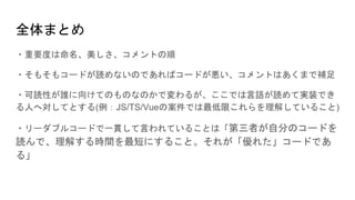 全体まとめ
・重要度は命名、美しさ、コメントの順
・そもそもコードが読めないのであればコードが悪い、コメントはあくまで補足
・可読性が誰に向けてのものなのかで変わるが、ここでは言語が読めて実装でき
る人へ対してとする(例：JS/TS/Vueの案件では最低限これらを理解していること)
・リーダブルコードで一貫して言われていることは「第三者が自分のコードを
読んで、理解する時間を最短にすること。それが「優れた」コードであ
る」
 