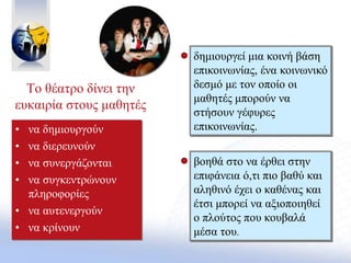 To θέατρο δίνει την
ευκαιρία στους μαθητές
δημιουργεί μια κοινή βάση
επικοινωνίας, ένα κοινωνικό
δεσμό με τον οποίο οι
μαθητές μπορούν να
στήσουν γέφυρες
επικοινωνίας.
βοηθά στο να έρθει στην
επιφάνεια ό,τι πιο βαθύ και
αληθινό έχει ο καθένας και
έτσι μπορεί να αξιοποιηθεί
ο πλούτος που κουβαλά
μέσα του.
• να δημιουργούν
• να διερευνούν
• να συνεργάζονται
• να συγκεντρώνουν
πληροφορίες
• να αυτενεργούν
• να κρίνουν
 