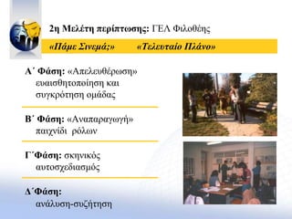 2η Μελέτη περίπτωσης: ΓΕΛ Φιλοθέης
«Πάμε Σινεμά;» «Τελευταίο Πλάνο»
Α΄ Φάση: «Απελευθέρωση»
ευαισθητοποίηση και
συγκρότηση ομάδας
Β΄ Φάση: «Αναπαραγωγή»
παιχνίδι ρόλων
Γ΄Φάση: σκηνικός
αυτοσχεδιασμός
Δ΄Φάση:
ανάλυση-συζήτηση
 
