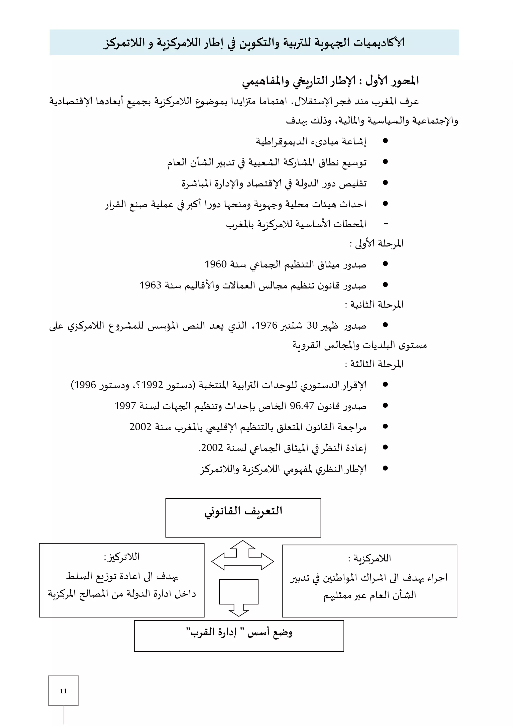 11
‫واملفاهيم‬ ‫يخي‬‫ر‬‫التا‬‫إلاطار‬ : ‫ل‬‫ألاو‬ ‫املحور‬
‫ي‬
‫إلاقتصادية‬ ‫أبعادها‬ ‫بجميع‬ ‫الالمركزية‬ ‫بموضوع‬ ‫ايدا‬‫ز‬‫مت‬ ‫اهتماما‬ ،‫إلاستقالل‬‫فجر‬ ‫مند‬ ‫املغرب‬ ‫عرف‬
‫بهدف‬ ‫وذلك‬ ،‫واملالية‬ ‫والسياسية‬ ‫وإلاجتماعية‬

‫اطية‬‫ر‬‫الديموق‬ ‫مبادىء‬ ‫إشاعة‬

‫العام‬ ‫الشأن‬‫تدبير‬ ‫في‬ ‫الشعبية‬ ‫املشاركة‬ ‫نطاق‬ ‫توسيع‬

‫املباشرة‬ ‫ة‬‫ر‬‫وإلادا‬ ‫إلاقتصاد‬ ‫في‬ ‫الدولة‬ ‫ر‬‫دو‬ ‫تقليص‬

‫ار‬‫ر‬‫الق‬ ‫صنع‬ ‫عملية‬ ‫في‬‫أكبر‬ ‫ا‬‫ر‬‫دو‬ ‫ومنحها‬ ‫وجهوية‬ ‫محلية‬ ‫هيئات‬ ‫احداث‬
‫باملغرب‬ ‫لالمركزية‬ ‫ألاساسية‬ ‫املحطات‬
: ‫ألاولى‬ ‫املرحلة‬

‫سنة‬ ‫الجماعي‬ ‫التنظيم‬ ‫ميثاق‬ ‫ر‬‫صدو‬
0961

‫ر‬‫صدو‬
‫سنة‬ ‫وألاقاليم‬ ‫العماالت‬ ‫مجالس‬ ‫تنظيم‬ ‫ن‬‫قانو‬
0963
: ‫الثانية‬ ‫املرحلة‬

‫ظهير‬ ‫ر‬‫صدو‬
31
‫شتنبر‬
0976
‫على‬ ‫ي‬‫الالمركز‬ ‫للمشروع‬ ‫املؤسس‬ ‫النص‬ ‫يعد‬ ‫الذي‬ ،
‫القروية‬ ‫واملجالس‬ ‫البلديات‬ ‫ى‬‫مستو‬
: ‫الثالثة‬ ‫املرحلة‬

‫(دستور‬ ‫املنتخبة‬ ‫ابية‬‫ر‬‫الت‬ ‫للوحدات‬ ‫الدستوري‬‫ار‬‫ر‬‫إلاق‬
0992
‫ودستور‬ ،‫؟‬
0996
)

‫ن‬‫قانو‬ ‫ر‬‫صدو‬
96.47
‫لسنة‬ ‫الجهات‬ ‫وتنظيم‬ ‫بإحداث‬ ‫الخاص‬
0997

‫سنة‬ ‫باملغرب‬ ‫ي‬ ‫إلاقلي‬ ‫بالتنظيم‬ ‫املتعلق‬ ‫ن‬‫القانو‬ ‫اجعة‬‫ر‬‫م‬
2112

‫لسنة‬ ‫الجماعي‬ ‫امليثاق‬ ‫في‬‫النظر‬ ‫إعادة‬
2112
.

‫والالتمركز‬ ‫الالمركزية‬ ‫ملفهومي‬ ‫ي‬‫النظر‬‫إلاطار‬
‫إطار‬ ‫في‬ ‫والتكوين‬ ‫للتربية‬ ‫الجهوية‬ ‫ألاكاديميات‬
‫الالتمركز‬‫و‬ ‫الالمركزية‬
‫القانوني‬ ‫التعريف‬
: ‫الالمركزية‬
‫الى‬ ‫يهدف‬ ‫اء‬‫ر‬‫اج‬
‫تدبير‬ ‫في‬ ‫املواطنين‬ ‫اك‬‫ر‬‫اش‬
‫ممثليهم‬‫عبر‬ ‫العام‬ ‫الشأن‬
:‫الالتركيز‬
‫السلط‬ ‫توزيع‬ ‫اعادة‬ ‫الى‬ ‫يهدف‬
‫املركزية‬ ‫املصالح‬ ‫من‬ ‫الدولة‬ ‫ة‬‫ر‬‫ادا‬ ‫داخل‬
"‫القرب‬ ‫ة‬‫ر‬‫إدا‬ " ‫أسس‬ ‫وضع‬
 