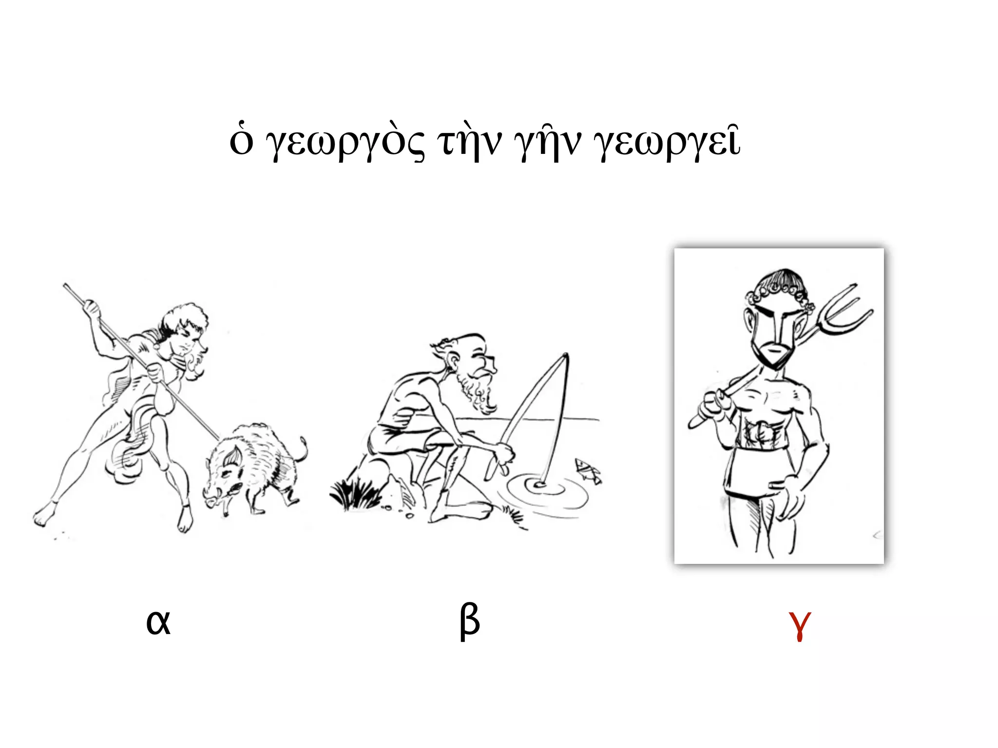 α β γ
ὁ γεωργὸς τὴν γῆν γεωργεῖ
 