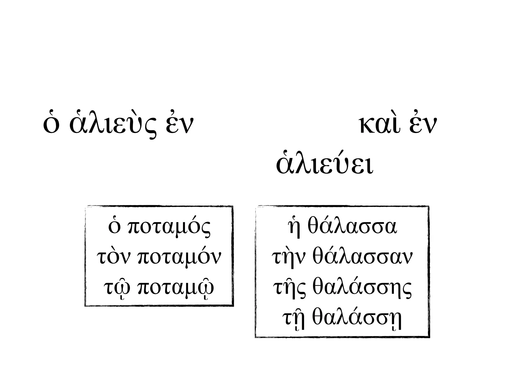 ὁ ἁλιεὺς ἐν τῷ ποταµῷ καὶ ἐν τῇ
θαλάσσῃ ἁλιεύει
ὁ ποταµός
τὸν ποταµόν
τῷ ποταµῷ
ἡ θάλασσα
τὴν θάλασσαν
τῆς θαλάσσης
τῇ θαλάσσῃ
 
