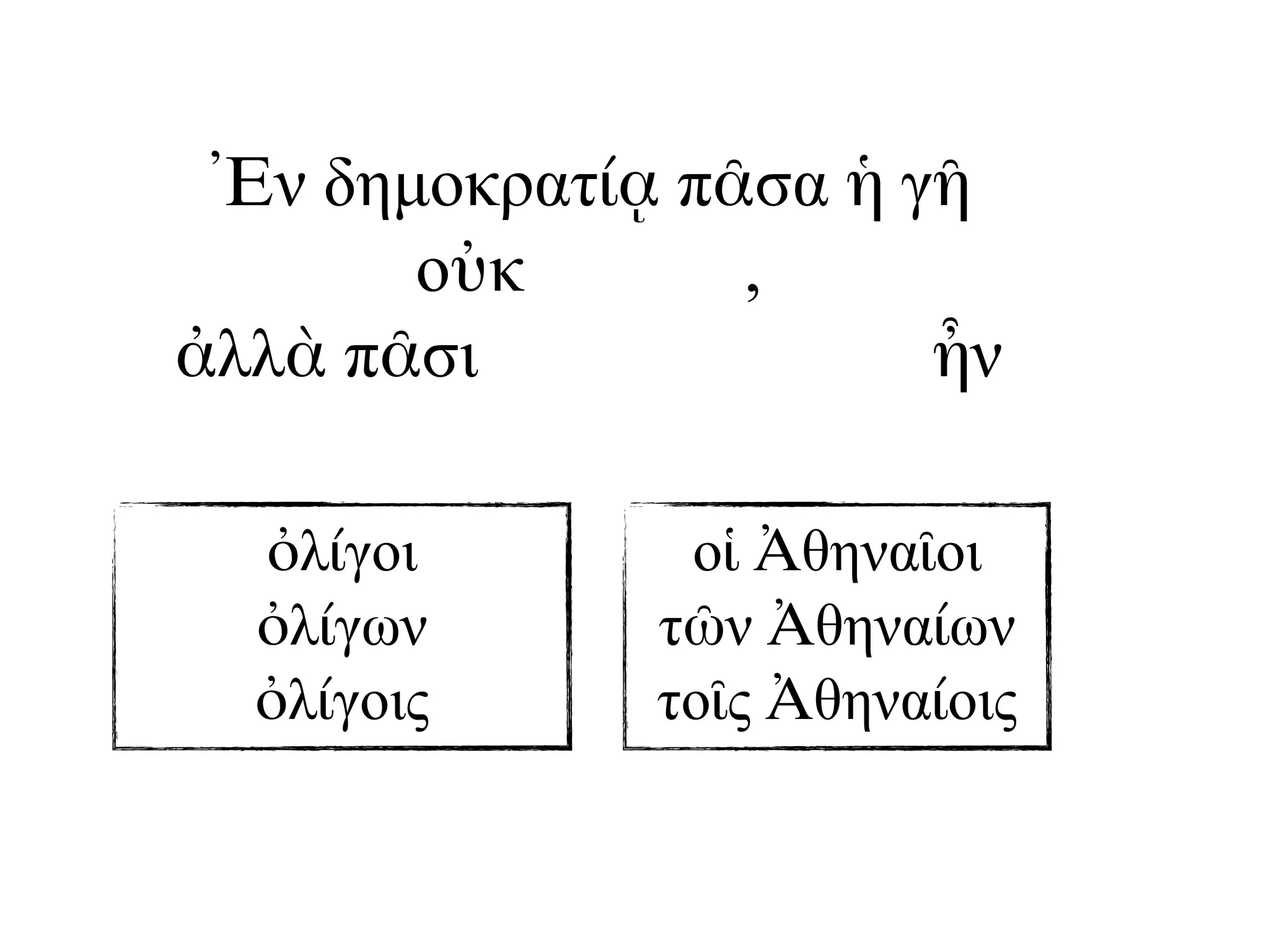 Ἐν δηµοκρατίᾳ πᾶσα ἡ γῆ
οὐκ ὀλίγοις,
ἀλλὰ πᾶσι τοῖς Ἀθηναίοις ἦν
ὀλίγοι
ὀλίγων
ὀλίγοις
οἱ Ἀθηναῖοι
τῶν Ἀθηναίων
τοῖς Ἀθηναίοις
 