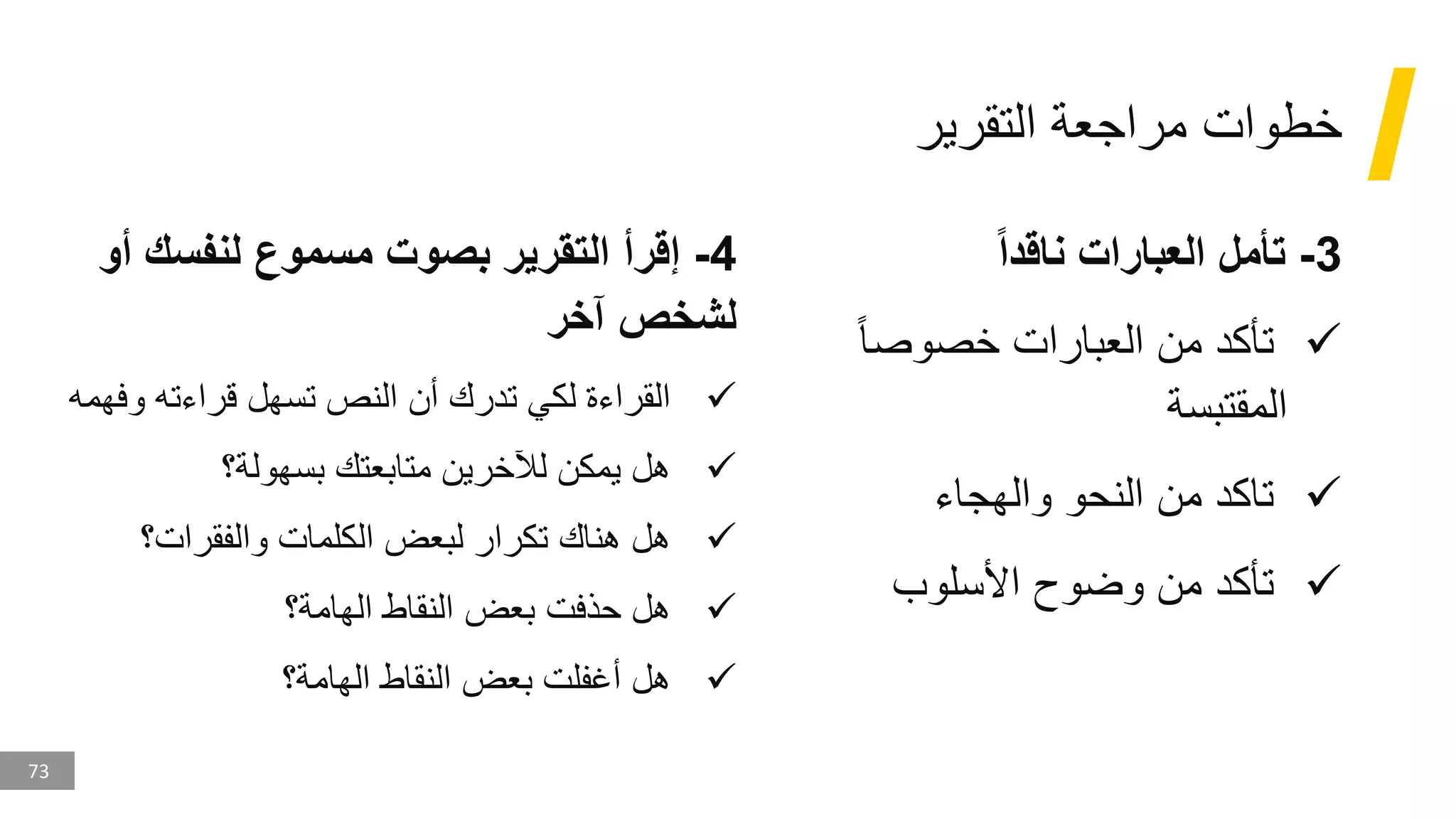 73
‫التقرير‬ ‫مراجعة‬ ‫خطوات‬
3
-
ً‫ا‬‫ناقد‬ ‫العبارات‬ ‫تأمل‬
✓
‫خصوصا‬ ‫العبارات‬ ‫من‬ ‫تأكد‬
‫المقتبسة‬
✓
‫والهجاء‬ ‫النحو‬ ‫من‬ ‫تاكد‬
✓
‫األسلوب‬ ‫وضوح‬ ‫من‬ ‫تأكد‬
4
-
‫أو‬ ‫لنفسك‬ ‫مسموع‬ ‫بصوت‬ ‫التقرير‬ ‫إقرأ‬
‫آخر‬ ‫لشخص‬
✓
‫وفهم‬ ‫قراءته‬ ‫تسهل‬ ‫النص‬ ‫أن‬ ‫تدرك‬ ‫لكي‬ ‫القراءة‬
‫ه‬
✓
‫بسهولة؟‬ ‫متابعتك‬ ‫لآلخرين‬ ‫يمكن‬ ‫هل‬
✓
‫والفقرات؟‬ ‫الكلمات‬ ‫لبعض‬ ‫تكرار‬ ‫هناك‬ ‫هل‬
✓
‫الهامة؟‬ ‫النقاط‬ ‫بعض‬ ‫حذفت‬ ‫هل‬
✓
‫الهامة؟‬ ‫النقاط‬ ‫بعض‬ ‫أغفلت‬ ‫هل‬
 