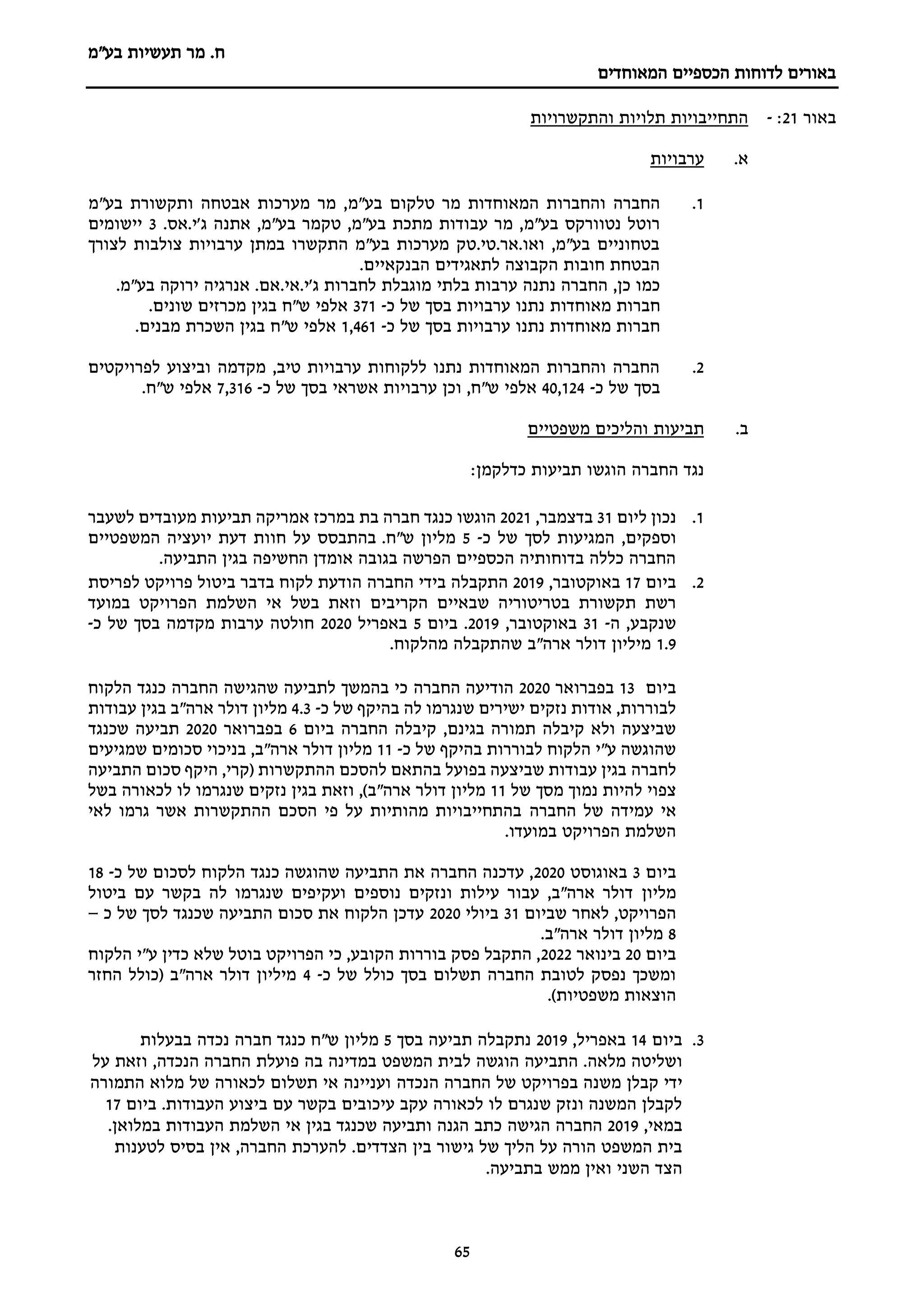 ‫מר‬ .‫ח‬
‫בע"מ‬ ‫תעשיות‬
‫הכספיים‬ ‫לדוחות‬ ‫באורים‬
‫המאוחדים‬
65
‫באור‬
1
2
:
-
‫והתקשרויות‬ ‫תלויות‬ ‫התחייבויות‬
.‫א‬
‫ערבויות‬
1
.
‫המאוחדות‬ ‫והחברות‬ ‫החברה‬
‫טלקום‬ ‫מר‬
‫בע"מ‬
‫בע"מ‬ ‫ותקשורת‬ ‫אבטחה‬ ‫מערכות‬ ‫מר‬ ,
‫נטוורקס‬ ‫רוטל‬
‫בע"מ‬
.‫אס‬.‫ג'י‬ ‫אתנה‬ ,‫בע"מ‬ ‫טקמר‬ ,‫בע"מ‬ ‫מתכת‬ ‫עבודות‬ ‫מר‬ ,
3
‫יישומים‬
‫לצורך‬ ‫צולבות‬ ‫ערבויות‬ ‫במתן‬ ‫התקשרו‬ ‫בע"מ‬ ‫מערכות‬ ‫טק‬.‫טי‬.‫אר‬.‫ואו‬ ,‫בע"מ‬ ‫בטחוניים‬
.‫הבנקאיים‬ ‫לתאגידים‬ ‫הקבוצה‬ ‫חובות‬ ‫הבטחת‬
,‫כן‬ ‫כמו‬
‫מוגבלת‬ ‫בלתי‬ ‫ערבות‬ ‫נתנה‬ ‫החברה‬
‫בע"מ‬ ‫ירוקה‬ ‫אנרגיה‬ .‫אם‬.‫אי‬.‫ג'י‬ ‫לחברות‬
.
‫מאוחדות‬ ‫חברות‬
‫כ‬ ‫של‬ ‫בסך‬ ‫ערבויות‬ ‫נתנו‬
-
371
‫אלפי‬
.‫שונים‬ ‫מכרזים‬ ‫בגין‬ ‫ש"ח‬
‫של‬ ‫בסך‬ ‫ערבויות‬ ‫נתנו‬ ‫מאוחדות‬ ‫חברות‬
‫כ‬
-
1,461
‫אלפי‬
.‫מבנים‬ ‫השכרת‬ ‫בגין‬ ‫ש"ח‬
2
.
‫לפרויקטים‬ ‫וביצוע‬ ‫מקדמה‬ ,‫טיב‬ ‫ערבויות‬ ‫ללקוחות‬ ‫נתנו‬ ‫המאוחדות‬ ‫והחברות‬ ‫החברה‬
‫של‬ ‫בסך‬
‫כ‬
-
40,124
‫אלפי‬
‫כ‬ ‫של‬ ‫בסך‬ ‫אשראי‬ ‫ערבויות‬ ‫וכן‬ ,‫ש"ח‬
-
7,316
.‫ש"ח‬ ‫אלפי‬
.‫ב‬
‫תביעות‬
‫משפטיים‬ ‫והליכים‬
‫תביעות‬ ‫הוגשו‬ ‫החברה‬ ‫נגד‬
:‫כדלקמן‬
1
.
‫נכון‬
‫ליום‬
31
‫בדצמבר‬
,
2021
‫הוגשו‬
‫כנגד‬
‫חברה‬
‫בת‬
‫במרכז‬
‫אמריקה‬
‫תביעות‬
‫מעובדים‬
‫לשעבר‬
‫וספקים‬
,
‫המגיעות‬
‫לסך‬
‫של‬
‫כ‬
-
5
‫מליון‬
‫ש‬
"
‫ח‬
.
‫המשפטיים‬ ‫יועציה‬ ‫דעת‬ ‫חוות‬ ‫על‬ ‫בהתבסס‬
.‫התביעה‬ ‫בגין‬ ‫החשיפה‬ ‫אומדן‬ ‫בגובה‬ ‫הפרשה‬ ‫הכספיים‬ ‫בדוחותיה‬ ‫כללה‬ ‫החברה‬
2
.
‫ביום‬
17
,‫באוקטובר‬
2019
‫בידי‬ ‫התקבלה‬
‫החברה‬
‫לפריסת‬ ‫פרויקט‬ ‫ביטול‬ ‫בדבר‬ ‫לקוח‬ ‫הודעת‬
‫הקריבים‬ ‫שבאיים‬ ‫בטריטוריה‬ ‫תקשורת‬ ‫רשת‬
‫במועד‬ ‫הפרויקט‬ ‫השלמת‬ ‫אי‬ ‫בשל‬ ‫וזאת‬
‫ה‬ ,‫שנקבע‬
-
31
,‫באוקטובר‬
2019
.
‫ביום‬
5
‫באפריל‬
2020
‫כ‬ ‫של‬ ‫בסך‬ ‫מקדמה‬ ‫ערבות‬ ‫חולטה‬
-
1.9
.‫מהלקוח‬ ‫שהתקבלה‬ ‫ארה"ב‬ ‫דולר‬ ‫מיליון‬
‫ביום‬
13
‫בפברואר‬
2020
‫החברה‬ ‫הודיעה‬
‫שהגישה‬ ‫לתביעה‬ ‫בהמשך‬ ‫כי‬
‫החברה‬
‫הלקוח‬ ‫כנגד‬
‫כ‬ ‫של‬ ‫בהיקף‬ ‫לה‬ ‫שנגרמו‬ ‫ישירים‬ ‫נזקים‬ ‫אודות‬ ,‫לבוררות‬
-
4.3
‫בגין‬ ‫ארה"ב‬ ‫דולר‬ ‫מליון‬
‫עבודות‬
,‫בגינם‬ ‫תמורה‬ ‫קיבלה‬ ‫ולא‬ ‫שביצעה‬
‫החברה‬ ‫קיבלה‬
‫ביום‬
6
‫בפברואר‬
2020
‫תביעה‬
‫שכנגד‬
‫כ‬ ‫של‬ ‫בהיקף‬ ‫לבוררות‬ ‫הלקוח‬ ‫ע"י‬ ‫שהוגשה‬
-
11
‫שמגיעים‬ ‫סכומים‬ ‫בניכוי‬ ,‫ארה"ב‬ ‫דולר‬ ‫מליון‬
‫לחברה‬
‫התביעה‬ ‫סכום‬ ‫היקף‬ ,‫(קרי‬ ‫ההתקשרות‬ ‫להסכם‬ ‫בהתאם‬ ‫בפועל‬ ‫שביצעה‬ ‫עבודות‬ ‫בגין‬
‫מסך‬ ‫נמוך‬ ‫להיות‬ ‫צפוי‬
‫של‬
11
‫בשל‬ ‫לכאורה‬ ‫לו‬ ‫שנגרמו‬ ‫נזקים‬ ‫בגין‬ ‫וזאת‬ ,)‫ארה"ב‬ ‫דולר‬ ‫מליון‬
‫של‬ ‫עמידה‬ ‫אי‬
‫החברה‬
‫לאי‬ ‫גרמו‬ ‫אשר‬ ‫ההתקשרות‬ ‫הסכם‬ ‫פי‬ ‫על‬ ‫מהותיות‬ ‫בהתחייבויות‬
‫במועדו‬ ‫הפרויקט‬ ‫השלמת‬
.
‫ביום‬
3
‫באוגוסט‬
2020
‫לסכום‬ ‫הלקוח‬ ‫כנגד‬ ‫שהוגשה‬ ‫התביעה‬ ‫את‬ ‫החברה‬ ‫עדכנה‬ ,
‫של‬
‫כ‬
-
18
‫מליון‬
‫ביטול‬ ‫עם‬ ‫בקשר‬ ‫לה‬ ‫שנגרמו‬ ‫ועקיפים‬ ‫נוספים‬ ‫ונזקים‬ ‫עילות‬ ‫עבור‬ ,‫ארה"ב‬ ‫דולר‬
‫הפרויקט‬
‫שביום‬ ‫לאחר‬ ,
31
‫ביולי‬
2020
‫כ‬ ‫של‬ ‫לסך‬ ‫שכנגד‬ ‫התביעה‬ ‫סכום‬ ‫את‬ ‫הלקוח‬ ‫עדכן‬
–
8
.‫ארה"ב‬ ‫דולר‬ ‫מליון‬
‫ביום‬
20
‫בינוא‬
‫ר‬
2022
‫הלקוח‬ ‫ע"י‬ ‫כדין‬ ‫שלא‬ ‫בוטל‬ ‫הפרויקט‬ ‫כי‬ ,‫הקובע‬ ‫בוררות‬ ‫פסק‬ ‫התקבל‬ ,
‫כ‬ ‫של‬ ‫כולל‬ ‫בסך‬ ‫תשלום‬ ‫החברה‬ ‫לטובת‬ ‫נפסק‬ ‫ומשכך‬
-
4
‫החזר‬ ‫(כולל‬ ‫ארה"ב‬ ‫דולר‬ ‫מיליון‬
.)‫משפטיות‬ ‫הוצאות‬
3
.
‫ביום‬
14
‫באפריל‬
,
2019
‫בסך‬ ‫תביעה‬ ‫נתקבלה‬
5
‫מליון‬
‫בבעלות‬ ‫נכדה‬ ‫חברה‬ ‫כנגד‬ ‫ש"ח‬
‫ה‬ .‫מלאה‬ ‫ושליטה‬
‫תביעה‬
‫הוגשה‬
‫לבית‬
‫המשפט‬
‫במדינה‬
‫בה‬
‫פועלת‬
‫החברה‬
‫הנכדה‬
,
‫וזאת‬
‫על‬
‫ידי‬
‫קבלן‬
‫משנה‬
‫בפרויקט‬
‫של‬
‫החברה‬
‫הנכדה‬
‫התמורה‬ ‫מלוא‬ ‫של‬ ‫לכאורה‬ ‫תשלום‬ ‫אי‬ ‫ועניינה‬
‫ביום‬ .‫העבודות‬ ‫ביצוע‬ ‫עם‬ ‫בקשר‬ ‫עיכובים‬ ‫עקב‬ ‫לכאורה‬ ‫לו‬ ‫שנגרם‬ ‫ונזק‬ ‫המשנה‬ ‫לקבלן‬
17
‫במא‬
,‫י‬
2019
‫החברה‬
‫הגישה‬
.‫במלואן‬ ‫העבודות‬ ‫השלמת‬ ‫אי‬ ‫בגין‬ ‫שכנגד‬ ‫ותביעה‬ ‫הגנה‬ ‫כתב‬
.‫הצדדים‬ ‫בין‬ ‫גישור‬ ‫של‬ ‫הליך‬ ‫על‬ ‫הורה‬ ‫המשפט‬ ‫בית‬
‫להערכת‬
‫החברה‬
,
‫אין‬
‫בסיס‬
‫לטענות‬
‫הצד‬
‫השני‬
‫ואין‬
‫ממש‬
‫בתביעה‬
.
 