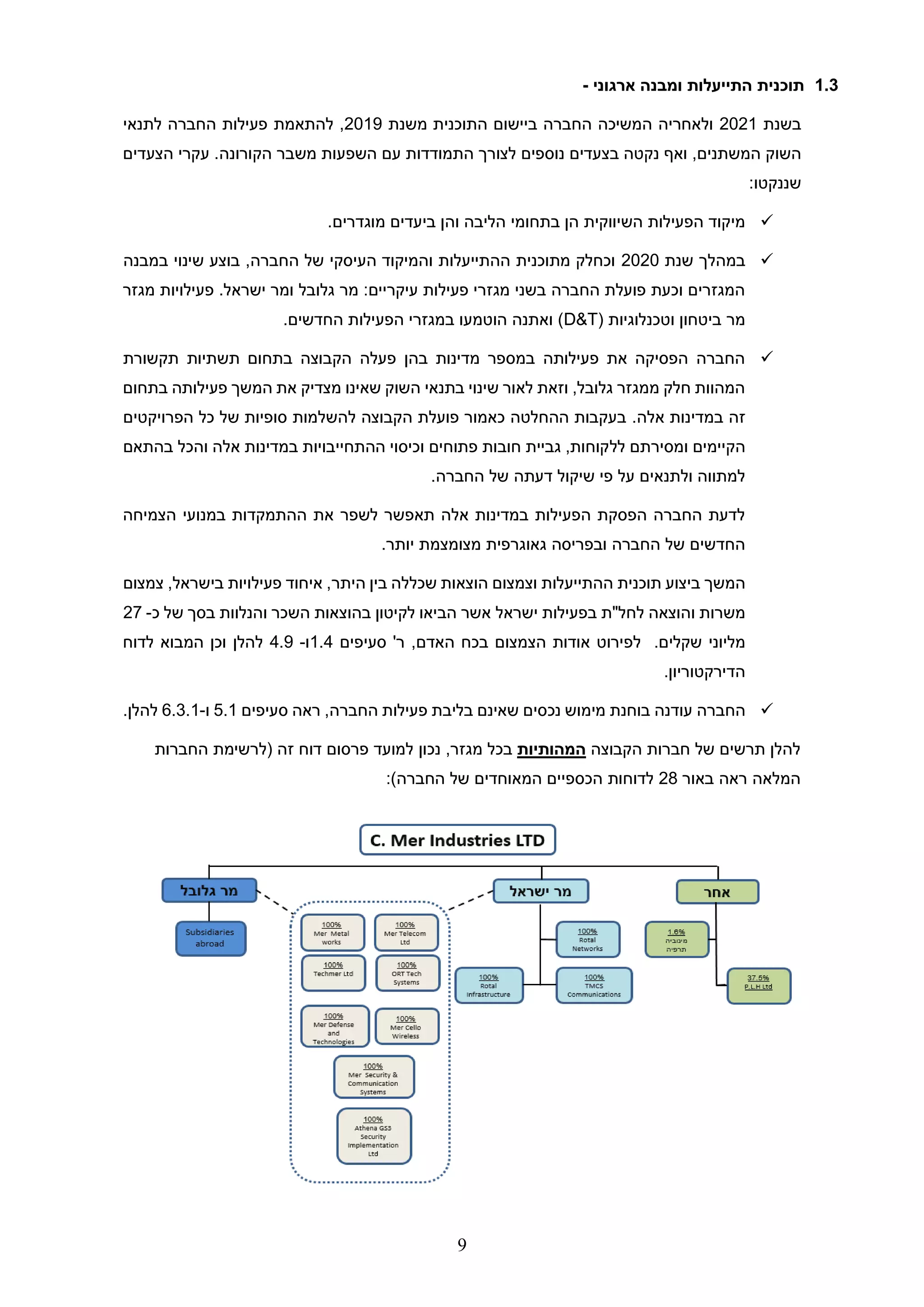 9
1.3
‫ארגוני‬ ‫ומבנה‬ ‫התייעלות‬ ‫תוכנית‬
-
‫בשנת‬
2021
‫התוכנית‬ ‫ביישום‬ ‫החברה‬ ‫המשיכה‬ ‫ולאחריה‬
‫מ‬
‫שנת‬
2019
,
‫להתאמ‬
‫ת‬
‫לתנאי‬ ‫החברה‬ ‫פעילות‬
‫המשתנים‬ ‫השוק‬
‫הקורונה‬ ‫משבר‬ ‫השפעות‬ ‫עם‬ ‫התמודדות‬ ‫לצורך‬ ‫נוספים‬ ‫בצעדים‬ ‫נקטה‬ ‫ואף‬ ,
‫הצעדים‬ ‫עקרי‬ .
:‫שננקטו‬
✓
‫בתחומי‬ ‫הן‬ ‫השיווקית‬ ‫הפעילות‬ ‫מיקוד‬
.‫מוגדרים‬ ‫ביעדים‬ ‫והן‬ ‫הליבה‬
✓
‫שנת‬ ‫במהלך‬
2020
‫במבנה‬ ‫שינוי‬ ‫בוצע‬ ,‫החברה‬ ‫של‬ ‫העיסקי‬ ‫והמיקוד‬ ‫ההתייעלות‬ ‫מתוכנית‬ ‫וכחלק‬
‫מגזר‬ ‫פעילויות‬ .‫ישראל‬ ‫ומר‬ ‫גלובל‬ ‫מר‬ :‫עיקריים‬ ‫פעילות‬ ‫מגזרי‬ ‫בשני‬ ‫החברה‬ ‫פועלת‬ ‫וכעת‬ ‫המגזרים‬
( ‫וטכנלוגיות‬ ‫ביטחון‬ ‫מר‬
D&T
.‫החדשים‬ ‫הפעילות‬ ‫במגזרי‬ ‫הוטמעו‬ ‫ואתנה‬ )
✓
‫תקשורת‬ ‫תשתיות‬ ‫בתחום‬ ‫הקבוצה‬ ‫פעלה‬ ‫בהן‬ ‫מדינות‬ ‫במספר‬ ‫פעילותה‬ ‫את‬ ‫הפסיקה‬ ‫החברה‬
‫בתחום‬ ‫פעילותה‬ ‫המשך‬ ‫את‬ ‫מצדיק‬ ‫שאינו‬ ‫השוק‬ ‫בתנאי‬ ‫שינוי‬ ‫לאור‬ ‫וזאת‬ ,‫גלובל‬ ‫ממגזר‬ ‫חלק‬ ‫המהוות‬
.‫אלה‬ ‫במדינות‬ ‫זה‬
‫הפרויקטים‬ ‫כל‬ ‫של‬ ‫סופיות‬ ‫להשלמות‬ ‫הקבוצה‬ ‫פועלת‬ ‫כאמור‬ ‫ההחלטה‬ ‫בעקבות‬
‫לל‬ ‫ומסירתם‬ ‫הקיימים‬
‫בהתאם‬ ‫והכל‬ ‫אלה‬ ‫במדינות‬ ‫ההתחייבויות‬ ‫וכיסוי‬ ‫פתוחים‬ ‫חובות‬ ‫גביית‬ ,‫קוחות‬
.‫החברה‬ ‫של‬ ‫דעתה‬ ‫שיקול‬ ‫פי‬ ‫על‬ ‫ולתנאים‬ ‫למתווה‬
‫הצמיחה‬ ‫במנועי‬ ‫ההתמקדות‬ ‫את‬ ‫לשפר‬ ‫תאפשר‬ ‫אלה‬ ‫במדינות‬ ‫הפעילות‬ ‫הפסקת‬ ‫החברה‬ ‫לדעת‬
.‫יותר‬ ‫מצומצמת‬ ‫גאוגרפית‬ ‫ובפריסה‬ ‫החברה‬ ‫של‬ ‫החדשים‬
‫תוכנית‬ ‫ביצוע‬ ‫המשך‬
‫שכללה‬ ‫הוצאות‬ ‫וצמצום‬ ‫ההתייעלות‬
‫היתר‬ ‫בין‬
‫צמצום‬ ,‫בישראל‬ ‫פעילויות‬ ‫איחוד‬ ,
‫לחל"ת‬ ‫והוצאה‬ ‫משרות‬
‫ישראל‬ ‫בפעילות‬
‫של‬ ‫בסך‬ ‫והנלוות‬ ‫השכר‬ ‫בהוצאות‬ ‫לקיטון‬ ‫הביאו‬ ‫אשר‬
‫כ‬
-
27
‫מליוני‬
‫שקלים‬
.
‫סעיפים‬ '‫ר‬ ,‫האדם‬ ‫בכח‬ ‫הצמצום‬ ‫אודות‬ ‫לפירוט‬
1.4
‫ו‬
-
4.9
‫לדוח‬ ‫המבוא‬ ‫וכן‬ ‫להלן‬
.‫הדירקטוריון‬
✓
‫החברה‬
‫סעיפים‬ ‫ראה‬ ,‫החברה‬ ‫פעילות‬ ‫בליבת‬ ‫שאינם‬ ‫נכסים‬ ‫מימוש‬ ‫בוחנת‬ ‫עודנה‬
5.1
‫ו‬
-
6.3.1
.‫להלן‬
‫חברות‬ ‫של‬ ‫תרשים‬ ‫להלן‬
‫הקבוצה‬
‫המהותיות‬
‫בכל‬
‫מגזר‬
‫נכון‬ ,
‫החברות‬ ‫(לרשימת‬ ‫זה‬ ‫דוח‬ ‫פרסום‬ ‫למועד‬
‫המלאה‬
‫ראה‬
‫באור‬
28
‫לדוחות‬
:)‫החברה‬ ‫של‬ ‫המאוחדים‬ ‫הכספיים‬
 