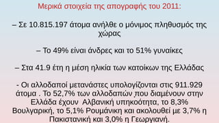Μερικά στοιχεία της απογραφής του 2011:
– Σε 10.815.197 άτομα ανήλθε ο μόνιμος πληθυσμός της
χώρας
– Το 49% είναι άνδρες και το 51% γυναίκες
– Στα 41.9 έτη η μέση ηλικία των κατοίκων της Ελλάδας
- Οι αλλοδαποί μετανάστες υπολογίζονται στις 911.929
άτομα . Το 52,7% των αλλοδαπών ̟που διαµένουν στην
Ελλάδα έχουν Αλβανική υπηκοότητα, το 8,3%
Βουλγαρική, το 5,1% Ρουµάνικη και ακολουθεί µε 3,7% η
Πακιστανική και 3,0% η Γεωργιανή.
 