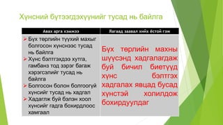 Хүнсний бүтээгдэхүүнийг тусад нь байлга
Авах арга хэмжээ Яагаад заавал хийх ёстой гэж
Бүх төрлийн түүхий махыг
болгосон хүнснээс тусад
нь байлга
Хүнс бэлтгэхдээ хутга,
гамбанз тод зэрэг багаж
хэрэгсэлийг тусад нь
байлга
Болгосон болон болгоогүй
хүнсийг тусад нь хадгал
Хадаглж буй бэлэн хоол
хүнсийг гадга бохирдлоос
хамгаал
Бүх төрлийн махны
шүүсэнд хадгалагдаж
буй бичил биетүүд
хүнс бэлтгэх
хадгалах явцад бусад
хүнстэй холилдож
бохирдуулдаг
 