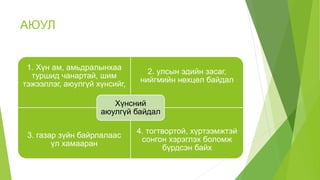АЮУЛ
1. Хүн ам, амьдралынхаа
туршид чанартай, шим
тэжээллэг, аюулгүй хүнсийг,
2. улсын эдийн засаг,
нийгмийн нөхцөл байдал
3. газар зүйн байрлалаас
үл хамааран
4. тогтвортой, хүртээмжтэй
сонгон хэрэглэх боломж
бүрдсэн байх
Хүнсний
аюулгүй байдал
 