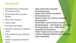 Үргэлжлэл
 Campbell Soup компанийн
бүтээгдэхүүнүүд
 Uncle Bens Mars (цагаан
будаа)
 Knorr-ийн соусууд
 Lipton (цай)
 Parmalat (жигнэмэг)
 Hellman's (амтлагч, майонез,
соус)
 Heinz (амтлагчууд, майонез,
соус)
 Nestle (хүүхдийн өглөөний
хоол)
 Hipp компанийн хүүхдийн
бүтээгдэхүүнүүд
 Abbot Labs Similac (хүүхдийн
бүтээгдэхүүнүүд)
 Denon (тараг, сүү, бяслаг, хүүхдийн
бүтээгдэхүүн)
 McDonald's түргэн хоолны сүлжээ
ресторануудын бүтээгдэхүүн, хоол хүнс
 Kraft (шоколад, чипс, кофе болон
хүүхдийн бүтээгдэхүүн)
 Heinz Foods (кетчуп, махны соус)
 Unilever брэндийн Делмигийн (майонез,
тараг, маргарин)
 