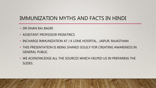 IMMUNIZATION MYTHS AND FACTS IN HINDI
• DR DHAN RAJ BAGRI
• ASSISTANT PROFESSOR PEDIATRICS
• INCHARGE IMMUNIZATION AT J K LONE HOSPITAL , JAIPUR, RAJASTHAN
• THIS PRESENTATION IS BEING SHARED SOLELY FOR CREATING AWARENESS IN
GENERAL PUBLIC.
• WE ACKNOWLEDGE ALL THE SOURCES WHICH HELPED US IN PREPARING THE
SLIDES.
 