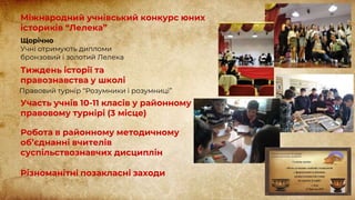 Міжнародний учнівський конкурс юних
істориків “Лелека”
Щорічно
Учні отримують дипломи
бронзовий і золотий Лелека
Тиждень історії та
правознавства у школі
Правовий турнір “Розумники і розумниці”
Участь учнів 10-11 класів у районному
правовому турнірі (3 місце)
Робота в районному методичному
об’єднанні вчителів
суспільствознавчих дисциплін
Різноманітні позакласні заходи
 