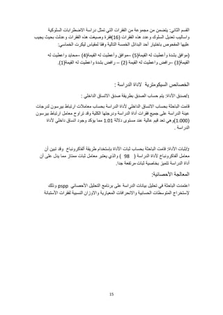 15
‫السلوكية‬ ‫االضطرابات‬ ‫دراسة‬ ‫تمثل‬ ‫التي‬ ‫الفقرات‬ ‫من‬ ‫مجموعة‬ ‫من‬ ‫يتضمن‬ :‫الثاني‬ ‫القسم‬
( ‫الفقرات‬ ‫هذه‬ ‫وعدد‬ ‫السلوك‬ ‫تعديل‬ ‫واساليب‬
16
‫الفق‬ ‫هذه‬ ‫وصيغت‬ ‫)فقرة‬
‫بحيث‬ ‫وعدلت‬ ‫رات‬
‫يجيب‬
:‫الخماسي‬ ‫ليكرت‬ ‫لمقياس‬ ‫وفقا‬ ‫التالية‬ ‫الخمسة‬ ‫البدائل‬ ‫أحد‬ ‫باختيار‬ ‫المفحوص‬ ‫عليها‬
(‫القيمة‬ ‫له‬ ‫وأعطيت‬ ‫بشدة‬ ‫(موافق‬
5
)
–
(‫القيمة‬ ‫له‬ ‫وأعطيت‬ ‫موافق‬
4
)
–
‫له‬ ‫واعطيت‬ ‫محايد‬
(‫القيمة‬
3
)
–
( ‫القيمة‬ ‫له‬ ‫واعطيت‬ ‫رافض‬
2
)
–
(‫القيمة‬ ‫له‬ ‫واعطيت‬ ‫بشدة‬ ‫رافض‬
1
.)
‫السيك‬ ‫الخصائص‬
: ‫الدراسة‬ ‫الداة‬ ‫ومترية‬
1
/
‫األ‬ ‫صدق‬
‫يتم‬ :‫داة‬
: ‫الداخلي‬ ‫االتساق‬ ‫صدق‬ ‫بطريقة‬ ‫الصدق‬ ‫حساب‬
‫لدرجات‬ ‫بيرسون‬ ‫ارتباط‬ ‫معامالت‬ ‫بحساب‬ ‫الدراسة‬ ‫ألداة‬ ‫الداخلي‬ ‫االتساق‬ ‫بحساب‬ ‫الباحثة‬ ‫قامت‬
‫تراوح‬ ‫وقد‬ ‫الكلية‬ ‫ودرجتها‬ ‫الدراسة‬ ‫أداة‬ ‫فقرات‬ ‫جميع‬ ‫على‬ ‫الدراسة‬ ‫عينة‬
‫معام‬
‫ل‬
‫بيرسون‬ ‫ارتباط‬
(
1.000
‫داللة‬ ‫مستوى‬ ‫عند‬ ‫عالية‬ ‫قيم‬ ‫تعد‬ ‫)وهي‬
1.01
‫ألداة‬ ‫داخلي‬ ‫اتساق‬ ‫وجود‬ ‫يؤكد‬ ‫مما‬
. ‫الدراسة‬
2
/
‫أن‬ ‫تبين‬ ‫وقد‬ ‫ألفاكرونباخ‬ ‫طريقة‬ ‫بإستخدام‬ ‫األداة‬ ‫ثبات‬ ‫بحساب‬ ‫الباحثة‬ ‫قامت‬ :‫األداة‬ ‫ثبات‬
( ‫الدراسة‬ ‫ألداة‬ ‫ألفاكرونباخ‬ ‫معامل‬
98
‫ثبات‬ ‫معامل‬ ‫يعتبر‬ ‫والذي‬ )
‫أن‬ ‫على‬ ‫يدل‬ ‫مما‬ ‫ممتاز‬
‫ثبات‬ ‫بخاصية‬ ‫تتميز‬ ‫الدراسة‬ ‫أداة‬
.‫جدا‬ ‫مرتفعة‬
:‫األحصائية‬ ‫المعالجة‬
‫األحصائي‬ ‫التحليل‬ ‫برنامج‬ ‫على‬ ‫الدراسة‬ ‫بيانات‬ ‫تحليل‬ ‫في‬ ‫الباحثة‬ ‫اعتمدت‬
pspp
‫وذلك‬
‫واالنحر‬ ‫الحسابية‬ ‫المتوسطات‬ ‫إلستخراج‬
‫ا‬
‫واالوزان‬ ‫المعيارية‬ ‫فات‬
‫األستبانة‬ ‫لفقرات‬ ‫النسبية‬
 