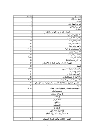 4
‫الموضوع‬
‫الصفحة‬
‫وعرفان‬ ‫شكر‬
2
‫اهداء‬
3
‫المحتويات‬ ‫فهرس‬
4
‫الجداول‬ ‫فهرس‬
6
‫المقدمة‬
7
: ‫التمهيدي‬ ‫الفصل‬
‫النظري‬ ‫الجانب‬
8
1
/
‫الدراسة‬ ‫اشكالية‬
9
2
‫الدراسة‬ ‫فرضيات‬/
9
3
‫الدراسة‬ ‫اهمية‬/
10
4
‫الدراسة‬ ‫اهداف‬/
11
5
‫الدراسة‬ ‫حدود‬/
11
6
‫الدراسة‬ ‫مصطلحات‬/
12
-
14
7
‫البحث‬ ‫منهجية‬/
14
8
‫الدراسة‬ ‫مجتمع‬/
14
9
‫الدراسة‬ ‫اداة‬/
14
-
15
10
‫السابقة‬ ‫الدراسات‬/
16
‫االنساني‬ ‫السلوك‬ ‫ماهية‬ :‫االول‬ ‫الفصل‬
17
‫تمهيد‬
18
1
‫االنساني‬ ‫السلوك‬ ‫تعريف‬/
19
-
20
2
‫السلوك‬ ‫انواع‬/
21
3
‫السلوك‬ ‫خصائص‬/
22
4
‫للسلوك‬ ‫الرئيسية‬ ‫االبعاد‬/
23
5
‫السلوك‬ ‫علي‬ ‫الحكم‬ ‫معايير‬/
24
-
25
‫االطفال‬ ‫عند‬ ‫والسلوكية‬ ‫النفسية‬ ‫المشكالت‬ :‫الثاني‬ ‫الفصل‬
26
‫تمهيد‬
27
1
‫االطفال‬ ‫عند‬ ‫والسلوكية‬ ‫النفسية‬ ‫المشكالت‬/
28
-
40
1
-
‫البكاء‬ ‫نوبات‬
2
-
‫الغضب‬ ‫نوبات‬
3
-
‫العناد‬
4
-
‫االنطوائية‬
5
-
‫القلق‬
6
-
‫الخوف‬
7
-
‫الغيرة‬
8
-
‫الالارادي‬ ‫التبول‬
9
-
)‫(اللجلجة‬ ‫الكالم‬ ‫اضطرابات‬
‫السلوك‬ ‫تعديل‬ ‫ماهية‬ :‫الثالث‬ ‫الفصل‬
41
 