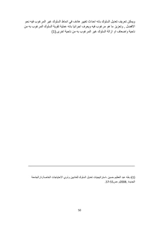 50
‫بانه‬ ‫السلوك‬ ‫تعديل‬ ‫تعريف‬ ‫ويمكن‬
‫نحو‬ ‫فيه‬ ‫المرغوب‬ ‫غير‬ ‫السلوك‬ ‫انماط‬ ‫في‬ ‫هادف‬ ‫تغيير‬ ‫احداث‬
‫من‬ ‫به‬ ‫المرغوب‬ ‫السلوك‬ ‫تقوية‬ ‫عملية‬ ‫بانه‬ ‫اجرائيا‬ ‫ويعرف‬ ‫فيه‬ ‫مرغوب‬ ‫هو‬ ‫ما‬ ‫وتعزيز‬ , ‫االفضل‬
.‫اخرى‬ ‫ناحية‬ ‫من‬ ‫به‬ ‫المرغوب‬ ‫غير‬ ‫السلوك‬ ‫ازالة‬ ‫او‬ ‫واضعاف‬ ‫ناحية‬
(
1
)
(
1
‫استراتيجيات‬، ‫حسين‬ ‫العظيم‬ ‫عبد‬ ‫طه‬.‫)د‬
‫دارالجامعة‬,‫الخاصة‬ ‫االحتياجات‬ ‫وذوي‬ ‫للعاديين‬ ‫السلوك‬ ‫تعديل‬
, ‫الجديدة‬
2008
‫ص‬، ‫م‬
55
-
57
.
 
