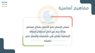 ‫أساسية‬ ‫مفاهيم‬
‫الذات‬ ‫تطوير‬
:
‫مستمر‬ ٍ‫بشكل‬ ‫األفضل‬ ‫نحو‬ ‫اإلنسان‬ ‫سعي‬
،
‫النقاط‬ ‫استغالل‬ ‫خالل‬ ‫من‬ ‫يتم‬ ‫وذلك‬
‫والعمل‬ ‫شخصيته‬ ‫في‬ ٍ‫بشكل‬ ‫اإليجابية‬
‫على‬
‫تنميته‬
.
 