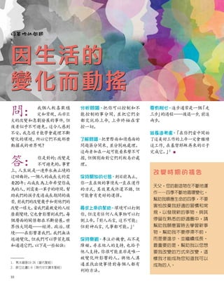 問：我個人較喜歡穩
定和常規，
而非巨
大的改變和急劇發展的事件，
但
後者似乎不可避免。
這令人感到
不安。
我怎樣才能學會處理不斷
變化的環境，
所以它們不致那麼
動搖我的世界呢？
答：你是對的；
改變是
不可避免的。
事實
上，
人生就是一連串永無止境的
迂回曲折。
一個人的成長大約需
要20年；
而成長為上帝希望你成
為的人，
則需要一輩子的時間。
幫
助我們的孩子度過成長期間的痛
苦，
對我們的改變幾乎和對他們的
改變一樣大。
當我們最親愛的人經
歷劇變時，
它也會影響到我們。
每
個層面的關係都在不斷發展。
世
界性大問題——經濟、
政治、
環
境——在影響著我們。
我們無法
逃避變化，
但我們可以學習克服
和通過它們。
以下是一些秘訣：
分析問題。把你可以控制和不
能控制的事分開，
並把它們全
都交託給上帝，
上帝終極在掌
控一切。
了解問題。把實際面和情感面的
問題區分開來，
並分別地處理。
這兩者加在一起可能看來勢不可
擋，
但個別面對它們則較易於處
理。
保持開放的心態。到目前為止，
你一直在做的事情或一直在運作
的方式，
其效果或許還不錯，
但
可能會有更好的選擇。
尋求上帝的幫助。環境可以打倒
你，
但沒有任何人或事物可以打
倒上帝。
「對人而言，
這不可能；
但對神而言，
凡事都可能。
」
1
保持樂觀。專注於機會，
而不是
障礙。
尋求他人的支持，
也給予
他人支持。
你很可能並非是唯一
被變化所影響的人。
與他人溝
通並找出使事情對每個人都有
利的方法。
要有耐心
。進步通常是一個
「走
三步
」
的過程——後退一步
，
前進
兩步
。
做長遠考慮。
「在你們當中開始
了這美好工作的上帝一定會繼續
這工作，
在基督耶穌再來的日子
完成它。
」2
■
改變時 期 的禱 告
天父，您的創造物在不斷地運
作——四季不斷地循環變化。
幫助我順應生命的四季，不要
害怕放棄我舒適的習慣和常
規，以發現新的事物。與其
停留在熟悉的舒適圈中，請
幫助我願意冒險去學習新事
物。幫助我不要停滯不前，
而是要進步、並繼續成長。
最重要的是，幫助我以您想
要我改變的方式來改變，這
樣我才能成為您知道我可以
成為的人。
回答你的問題
因生活的
變化而動搖
1.	馬太福音19:26（當代聖經）
2.	腓立比書1:6（現代中文譯本聖經）
10
 