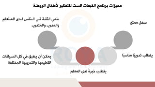 ‫الروضة‬ ‫ألطفال‬ ‫للتفكير‬ ‫الست‬ ‫القبعات‬ ‫برنامج‬ ‫مميزات‬
‫لماتع‬ ‫س‬
ً‫ب‬‫س‬ ‫لمن‬ ً
‫ب‬‫التلأي‬ ‫يت‬
‫ا‬ ‫ًلشلىلمشاا‬‫ة‬‫الخبر‬ ‫يت‬
‫ق‬ ‫لمشسبي‬ ‫يله‬ ‫ل‬ ‫ب‬ ‫ياكنلانلي‬
‫ل‬
‫يايملتمشتلأيبيملمشاخت‬ ‫مشتا‬
‫فم‬
‫بيلمشبنفدلشبلىلمشابتا‬ ‫ينايلمشثقبمل‬
‫ال‬
‫لتمشاتلأ‬ ‫تمشالأ‬
 