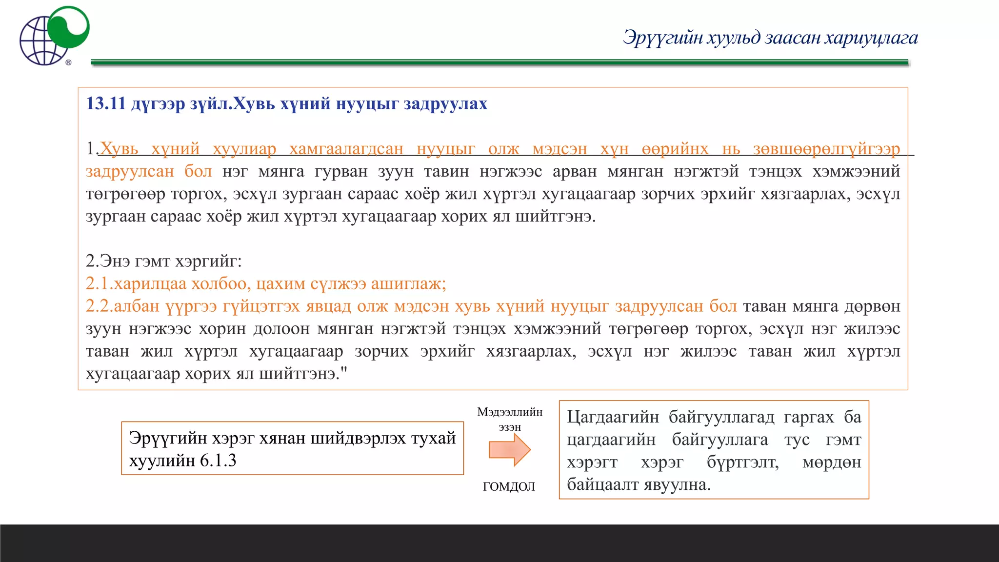 Эрүүгийн хуульд заасан хариуцлага
13.11 дүгээр зүйл.Хувь хүний нууцыг задруулах
1.Хувь хүний хуулиар хамгаалагдсан нууцыг олж мэдсэн хүн өөрийнх нь зөвшөөрөлгүйгээр
задруулсан бол нэг мянга гурван зуун тавин нэгжээс арван мянган нэгжтэй тэнцэх хэмжээний
төгрөгөөр торгох, эсхүл зургаан сараас хоёр жил хүртэл хугацаагаар зорчих эрхийг хязгаарлах, эсхүл
зургаан сараас хоёр жил хүртэл хугацаагаар хорих ял шийтгэнэ.
2.Энэ гэмт хэргийг:
2.1.харилцаа холбоо, цахим сүлжээ ашиглаж;
2.2.албан үүргээ гүйцэтгэх явцад олж мэдсэн хувь хүний нууцыг задруулсан бол таван мянга дөрвөн
зуун нэгжээс хорин долоон мянган нэгжтэй тэнцэх хэмжээний төгрөгөөр торгох, эсхүл нэг жилээс
таван жил хүртэл хугацаагаар зорчих эрхийг хязгаарлах, эсхүл нэг жилээс таван жил хүртэл
хугацаагаар хорих ял шийтгэнэ."
Цагдаагийн байгууллагад гаргах ба
цагдаагийн байгууллага тус гэмт
хэрэгт хэрэг бүртгэлт, мөрдөн
байцаалт явуулна.
Эрүүгийн хэрэг хянан шийдвэрлэх тухай
хуулийн 6.1.3
ГОМДОЛ
Мэдээллийн
эзэн
 
