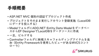 手順概要
• ASP.NET MVC 個別の認証でプロジェクト作成
• プロジェクトをそのまま実行しアカウント登録実施（LocalDB
にデータを投入する）
• ModelフォルダにADO.NET Entity Data Modelをデータベー
スからEF DesignerでLocalDBをデータソースに作成
• 一旦、ビルドする
• Controllerフォルダに新規スキャフォルディングアイテムを追
加（Entity Frameworkを使用したビューがあるMVC5コント
ローラ）
 