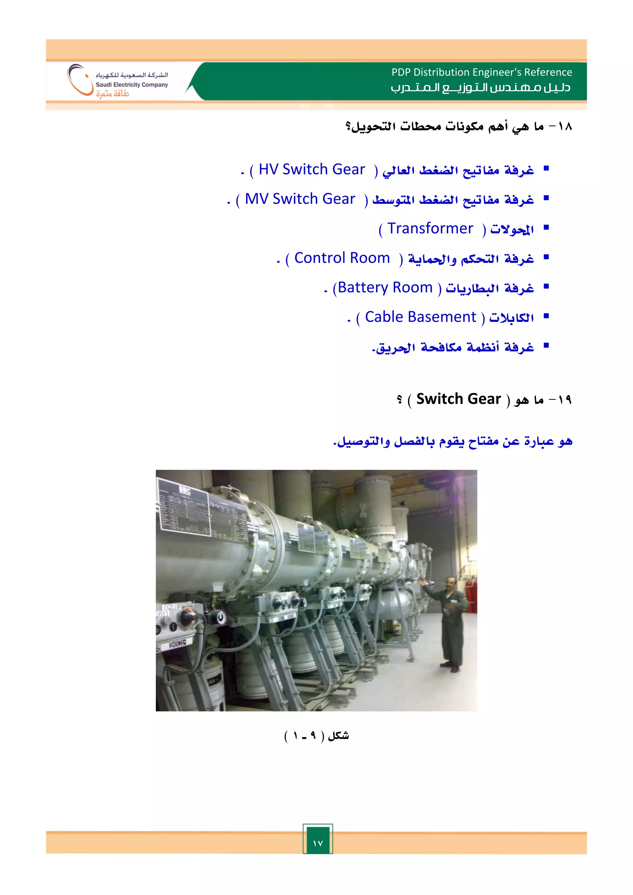 17
PDP Distribution Engineer's Reference
‫الـتـوزيـ‬ ‫مـهـنـدس‬ ‫دلـيـل‬
‫ــ‬
‫الـمـتـ‬ ‫ع‬
‫ـ‬
‫در‬
‫ب‬
18
-
‫ما‬
‫أهم‬ ‫هي‬
‫التحويل؟‬ ‫حمطات‬ ‫مكونات‬

( ‫العايل‬ ‫الضغط‬ ‫مفاتيل‬ ‫غرفة‬
HV Switch Gear
. )

( ‫املتوسط‬ ‫الضغط‬ ‫مفاتيل‬ ‫غرفة‬
MV Switch Gear
. )

( ‫احملوالت‬
Transformer
)

‫التحكم‬ ‫غرفة‬
‫واحلماية‬
(
Control Room
. )

( ‫البطاريات‬ ‫غرفة‬
Battery Room
. )

( ‫الكابالت‬
Cable Basement
. )

‫غرفة‬
‫أنظمة‬
.‫احلريق‬ ‫مكافحة‬
19
-
( ‫هو‬ ‫ما‬
Switch Gear
‫؟‬ )
‫هو‬
‫عن‬ ‫عبارة‬
‫ي‬ ‫مفتاح‬
.‫والتوصيل‬ ‫بالفصل‬ ‫قوم‬
( ‫شكل‬
9
‫ـ‬
1
)
 