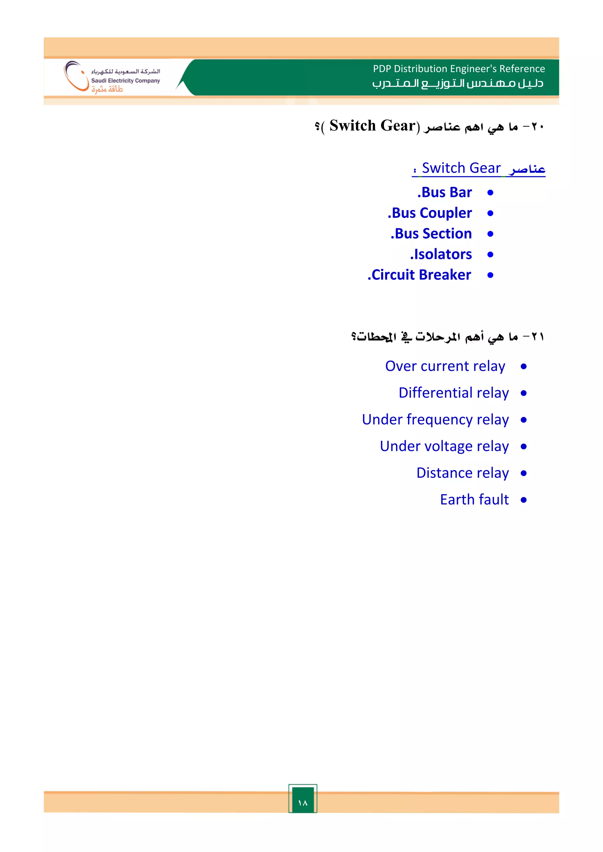 18
PDP Distribution Engineer's Reference
‫الـتـوزيـ‬ ‫مـهـنـدس‬ ‫دلـيـل‬
‫ــ‬
‫الـمـتـ‬ ‫ع‬
‫ـ‬
‫در‬
‫ب‬
20
-
‫ه‬ ‫ما‬
‫عناصر‬ ‫اهم‬ ‫ي‬
(
Switch Gear
)
‫؟‬
‫عناصر‬
Switch Gear
:

.Bus Bar

.Bus Coupler

.Bus Section

.Isolators

.Circuit Breaker
21
-
‫ه‬ ‫ما‬
‫ي‬
‫أهم‬
‫احملطات‬ ‫يف‬ ‫املرحالت‬
‫؟‬

Over current relay

Differential relay

Under frequency relay

Under voltage relay

Distance relay

Earth fault
 